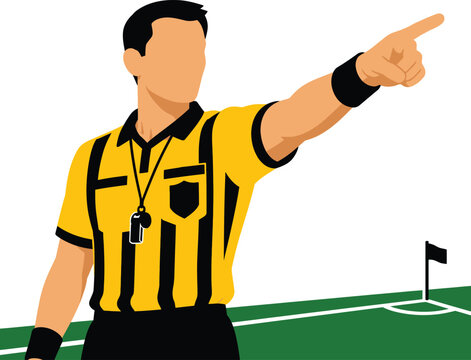Professional soccer referee wearing a yellow striped jersey points his finger to indicate a foul during a competitive sports match
