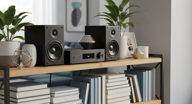 Modern audio system with speakers and amplifier displayed on a wooden shelf with books and potted plants, representing home entertainment and technology.