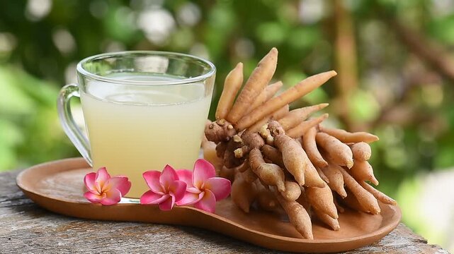 Fingerroot rhizomes and fingerroot juice on natual background.