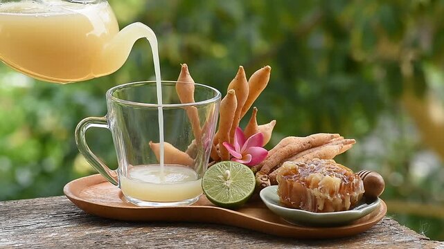 Fingerroot rhizomes and fingerroot juice mix lemon juice and honey on natual background.