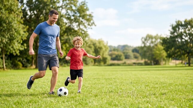 Father and Son Playing Soccer Together in Sunny Park