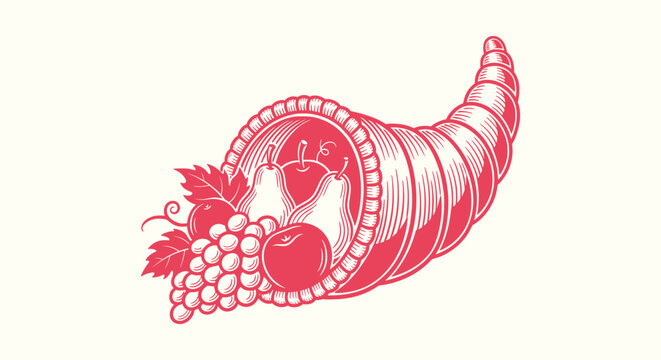 Vintage Red Cornucopia Illustration with Harvest Fruits Grapes Apples and Pears for Thanksgiving