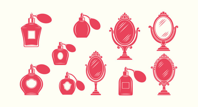 Collection of Pink Vintage Perfume Bottles with Atomizers and Ornate Vanity Mirrors Vector Icons