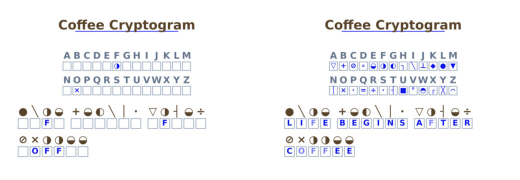 Coffee cryptogram puzzle with letters and symbols on white background  