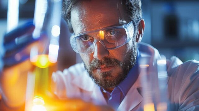 Caucasian scientist inspects orange solution in laboratory wearing blue gloves and safety goggles, holding Erlenmeyer flask up to light with focused expression,