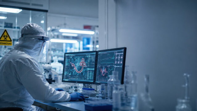 Ebola virus. Ebola virus medical research, scientist observing laboratory data screens in biohazard facility