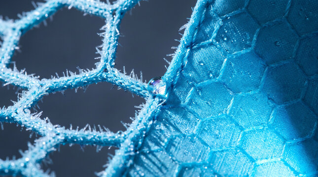 Frost Crystals and Condensation on Glacier‑Blue Mesh &ndash; Frost‑Cured Layer &ndash; Subzero Cooling Effect &ndash; Cinematic‑Subzero Cold Spotlight