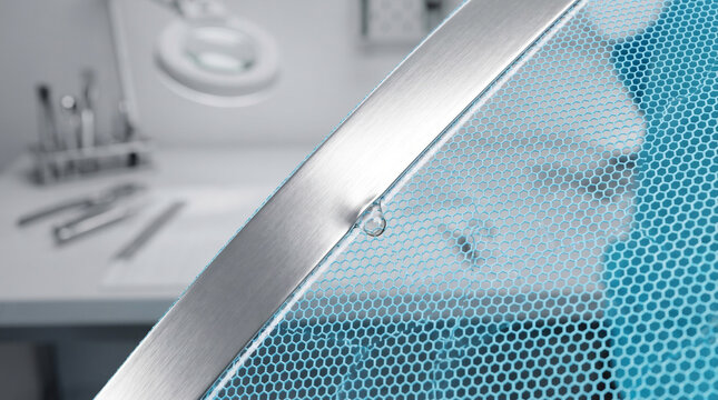 Matte‑Reflective Silver Tape Fusing into Ice‑Blue Mesh &ndash; Seam‑Seal Precision &ndash; Stitchless Fusion &ndash; Architectural‑Silver Hard Overhead