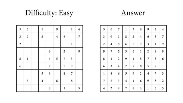 Easy Sudoku puzzle with answer grid displayed side by side  