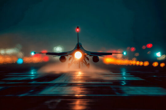 Military jet fighter launching at night with bright afterburner light creating dramatic runway reflections and vibrant bokeh background colors