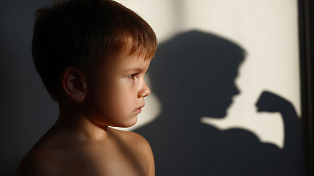 Young boy in partial light with a strong man's shadow on the wall, visualizing future strength, growth, and courage concept