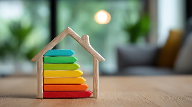 Wooden house frame with colorful stacked energy efficiency rating arrows representing sustainable home performance and environmental impact on smooth wooden surface