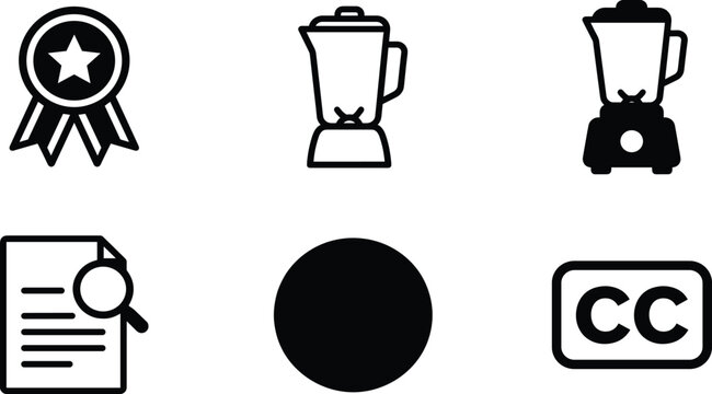 Professional icon set featuring award ribbon blender kitchen appliances document research symbol and closed captioning sign for media designs