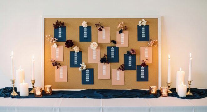 Wedding seating chart display with escort cards floral accents and candles on table for reception decor and event signage background