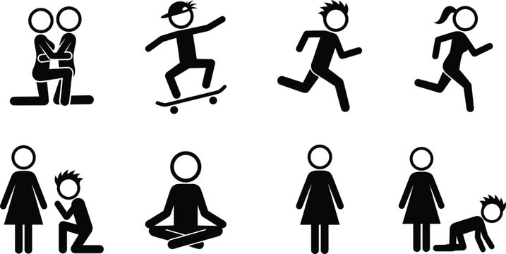 Professional stick figure icon set depicting various human activities including running skateboarding yoga meditation and interpersonal social relationship interactions