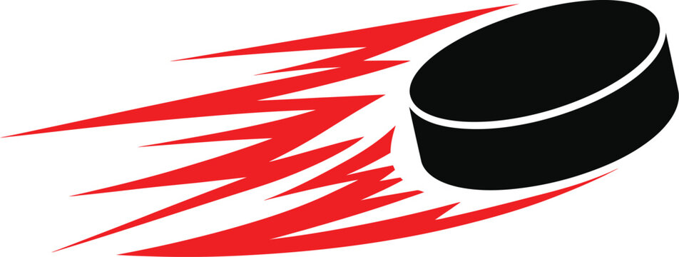 Ice hockey puck vector with red speed motion trails, fast flying hockey puck icon, dynamic sports equipment graphic