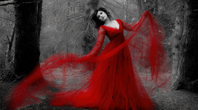 Woman in red dress posing dramatically against a textured wall