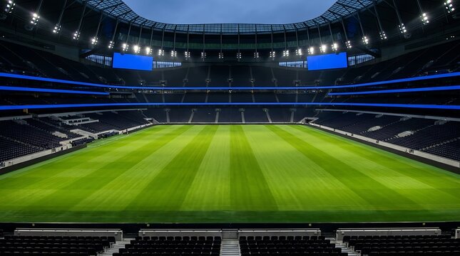 Empty tottenham hotspur stadium football pitch at night