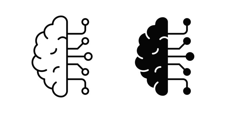 Creative machine learning symbol combining a human brain with digital circuit connections to represent artificial intelligence, deep learning, neural networks, and smart technology. Perfect for AI pla