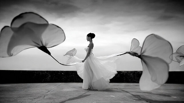 Woman in wedding dress walking with flowing veil on a city rooftop