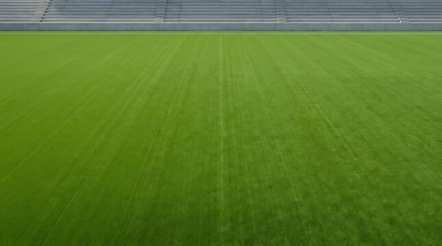 Empty stadium with green grass field and concrete bleachers
