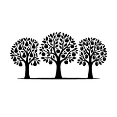 Obraz premium Three stylized fruit trees in a row silhouetted against a white background.