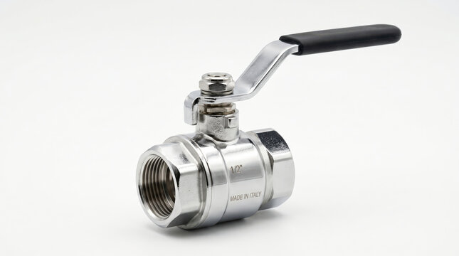 Polished stainless steel ball valve with black lever handle feat