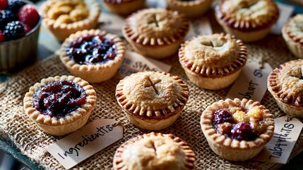 Overhead flat lay of assorted mini hand pies with seasonal fruit fillings and handwritten ingredient tags on rustic linen featuring bright natural light and a soft blurred market