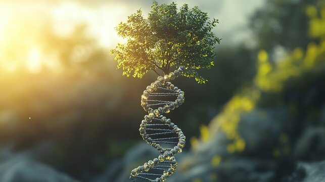 A magnificent tree rises elegantly, its trunk spiraling like a DNA strand. Sunlight bathes the scene in golden hues, merging nature and science in a mesmerizing display of life and growth