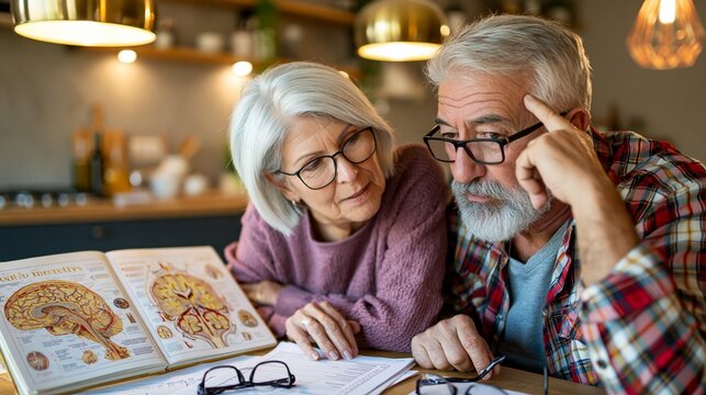 Medium shot of an elderly couple concentrating on a memory care checklist next to a detailed brain anatomy notebook and reading glasses on a warmly lit kitchen table.