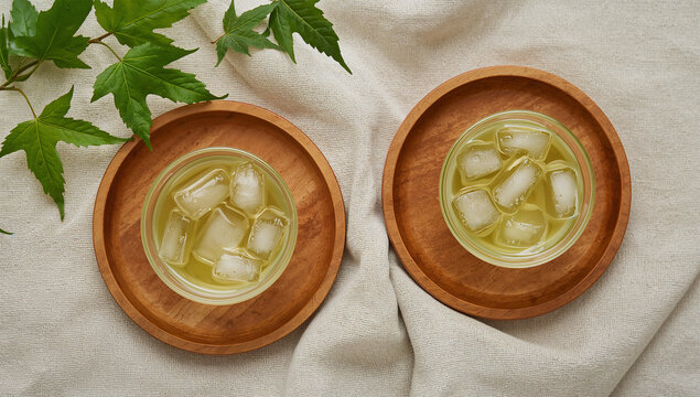 白い布の上で冷たい緑茶と茶托を真上から整えた夏の飲み物素材