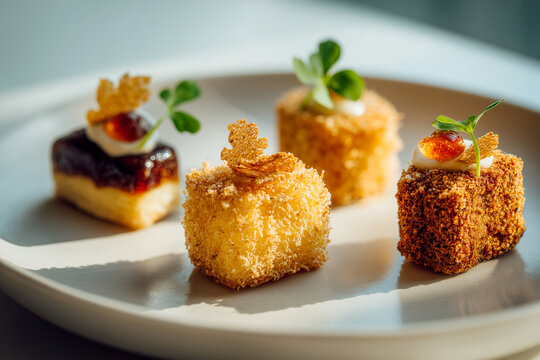 A gourmet selection of crispy fried croquettes and appetizers served on a plate. These elegant fine dining bites are beautifully garnished with microgreens, sauces, and delicate tuiles