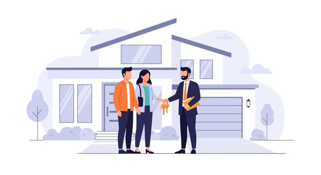 Real Estate Agent Handing Over House Keys to New Homeowners in Front of Modern House
