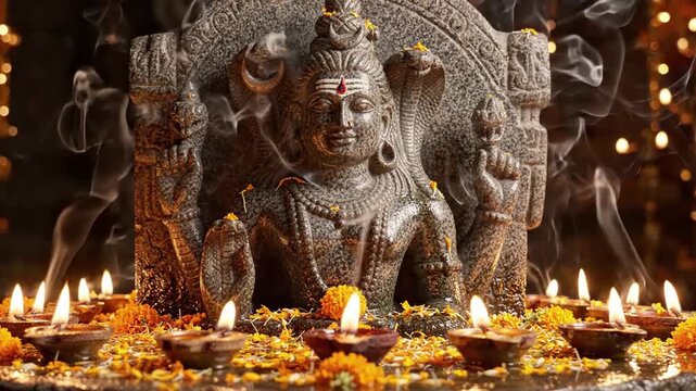 Statue of Shiva with snakes, surrounded by diyas and marigold flowers, creating a serene and spiritual atmosphere with bokeh lights