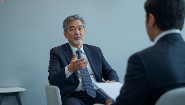 明るいオフィスで日本人男性が面談相手に説明するビジネス場面