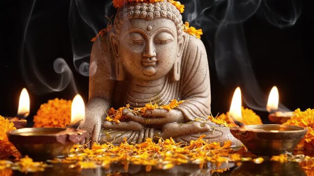 Serene Buddha statue adorned with marigold flowers and flickering diyas, symbolizing peace and enlightenment, spiritual atmosphere, dark background