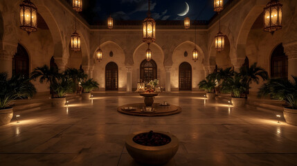 Obraz premium Grand courtyard with lanterns and crescent moon