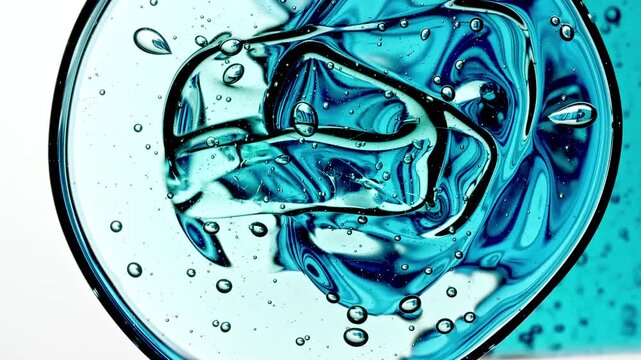 Transparent Gel, Serum, Oi Cosmetic With Molecule Bubbles As It Slowly Flowing from a Bottle. - Macro Shot. Abstract Background for Cosmetics Commercial Product. High quality 4k footage