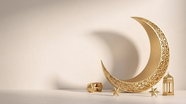 Golden crescent moon with stars and lanterns
