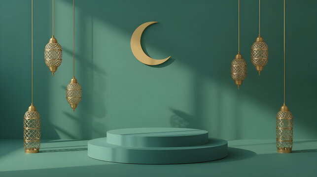 Teal stage with hanging lanterns and crescent