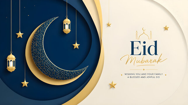 Eid Mubarak greeting card with crescent moon