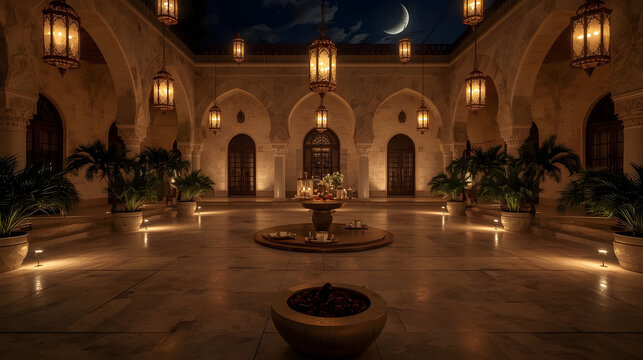 Grand courtyard with lanterns and crescent moon