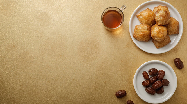 Overhead view of dates and pastries with tea