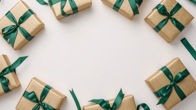 Gift boxes with green ribbons arranged on white
