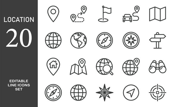 Location line icon set. Compass, travel, globe, map, geography, earth, distance, proximity minimal vector illustration. Simple outline sign for navigation app ui. 48x48 Pixel Perfect, Editable Stroke