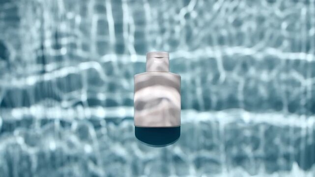Bottle with for serum, oil, emulsion and reflections sunlight in slow motion. Drop shadow effect with wave refraction of light. Sun and shadows. Layout for advertising goods, cosmetic products. 4k
