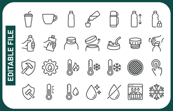 Thermos and travel mug line icon set. Tumbler, flip lid, straw spout, lock cap, dishwasher safe vector illustrations. Simple outline signs for beverage containers. Pixel Perfect. Editable Stroke