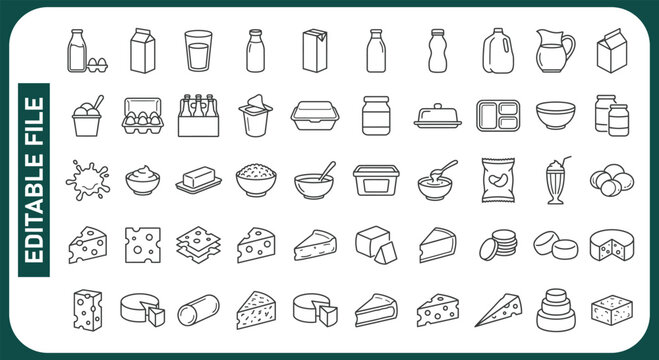 Dairy products line icon set. Cottage cheese, sour cream, porridge, kefir, parmesan, mozzarella, gouda, yogurt vector illustrations. Simple outline signs for healthy milk food. Editable Stroke