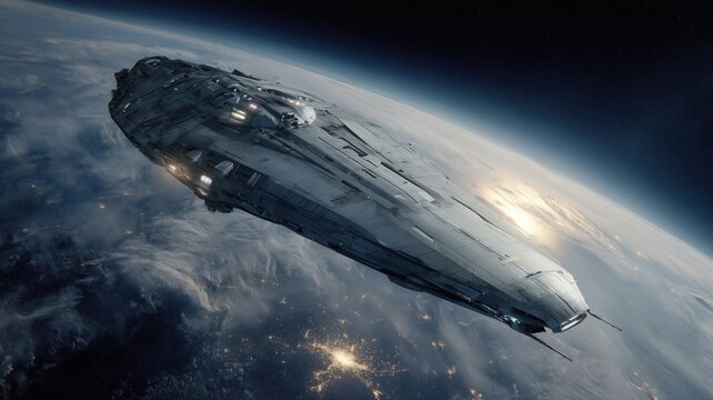宇宙空間を飛行する未来的な宇宙船の全景。SF作品やテクノロジー関連のビジュアル素材に最適なイメージ