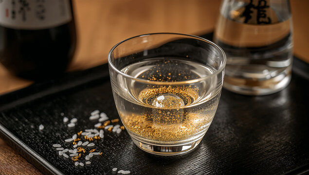 金箔が浮かぶ日本酒を漆の盆に置いた祝い向けの高級飲み物素材